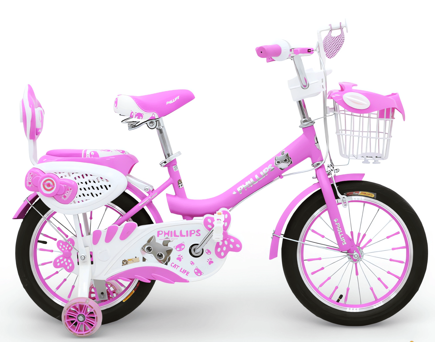 راجة أطفال مقاس 16 لون وردي مع سلة ومقعد خلفي (16-inch bicycle).